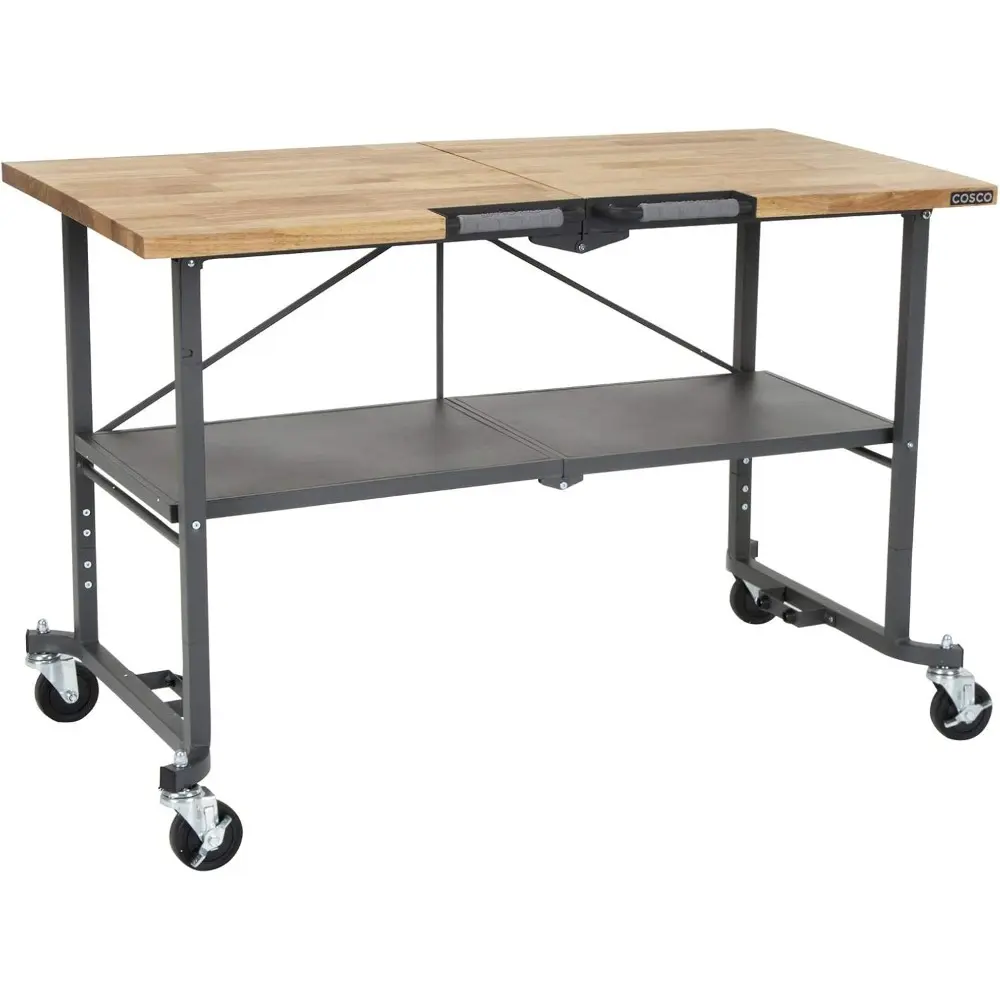 COSCO SmartFold Butcher Block Portable Workbench / Folding Utility Table (Hardwood Top, 700LB Total Weight Capacity, Locking Cas