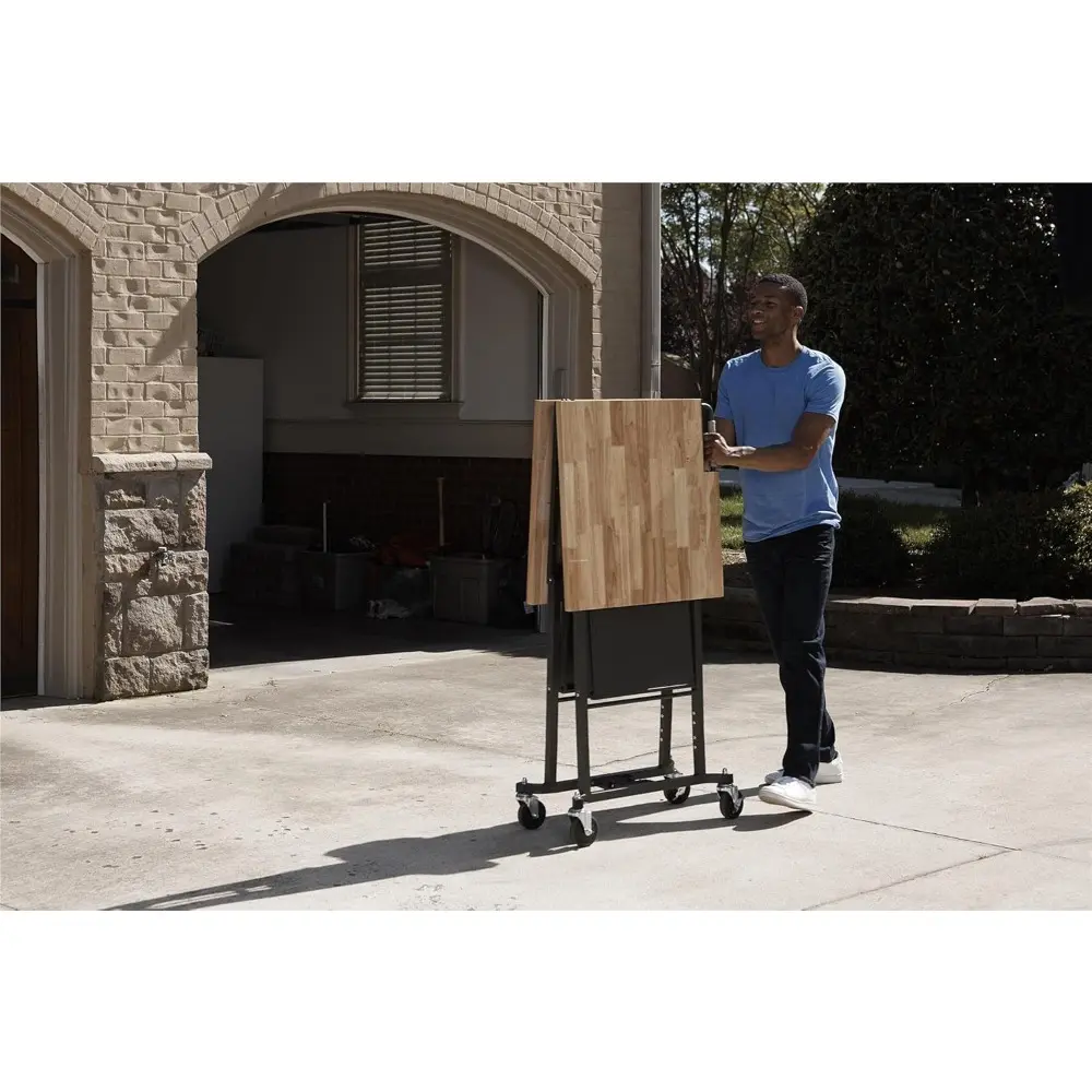 COSCO SmartFold Butcher Block Portable Workbench / Folding Utility Table (Hardwood Top, 700LB Total Weight Capacity, Locking Cas