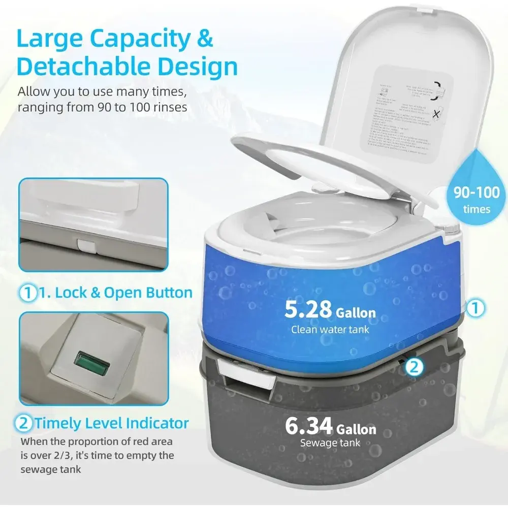 Portable Toilet 6.34 Gallon Camping Porta Potty with Paper and Detergent Collection, Leak-Proof Outdoor RV Porta Potty with Lev