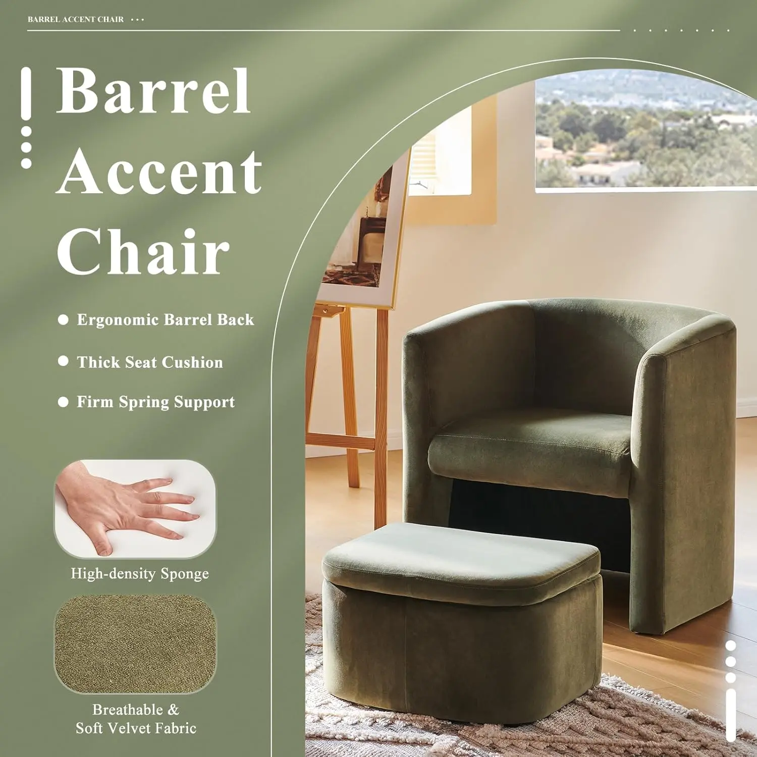 Upholstered Velvet Barrel Accent Chair with Storage Ottoman, Morden Living Room Chair with Lounge Seat for Bedroom/Reading
