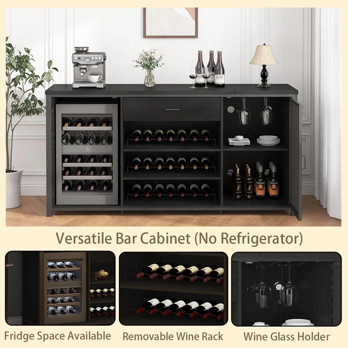 Long Coffee Bar Cabinet with Fridge Space, Modern Wood Metal Large Wine Liquor Cabinet with Rack, Big Wide Sideboard Buffet