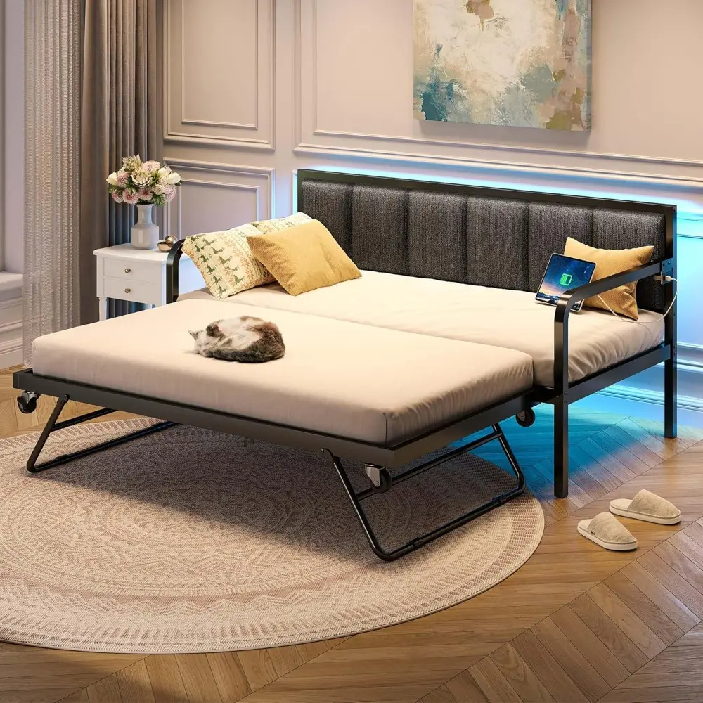 Rolanstar Daybed with USB Charging Station and LED, Height Adjustable Twin Daybed with Trundle, Grey Upholstered Bed Frame with