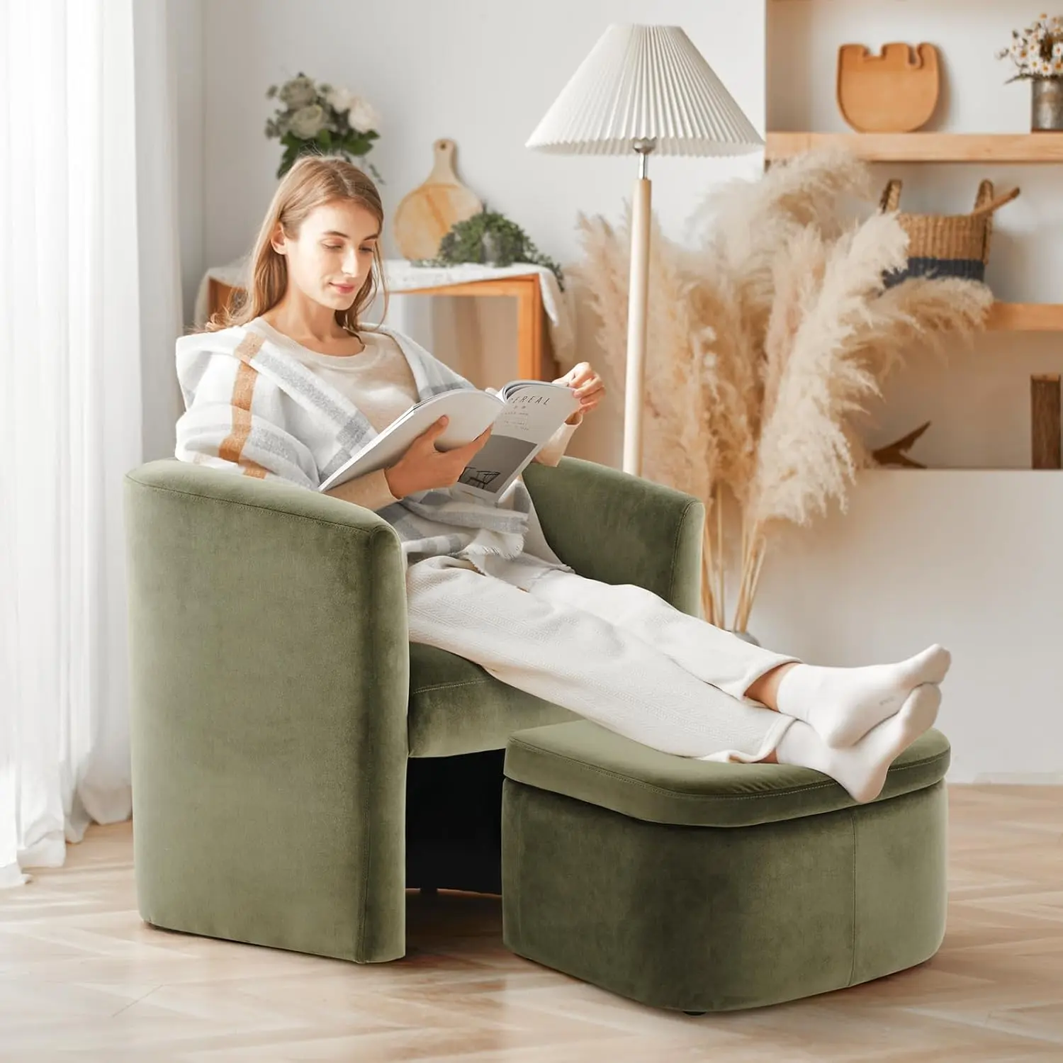 Upholstered Velvet Barrel Accent Chair with Storage Ottoman, Morden Living Room Chair with Lounge Seat for Bedroom/Reading