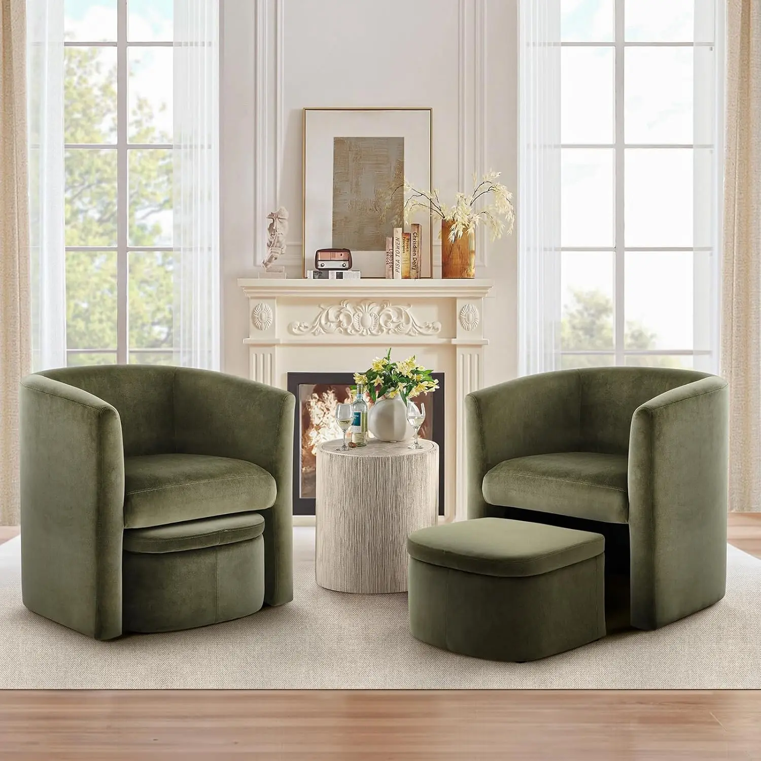 Upholstered Velvet Barrel Accent Chair with Storage Ottoman, Morden Living Room Chair with Lounge Seat for Bedroom/Reading