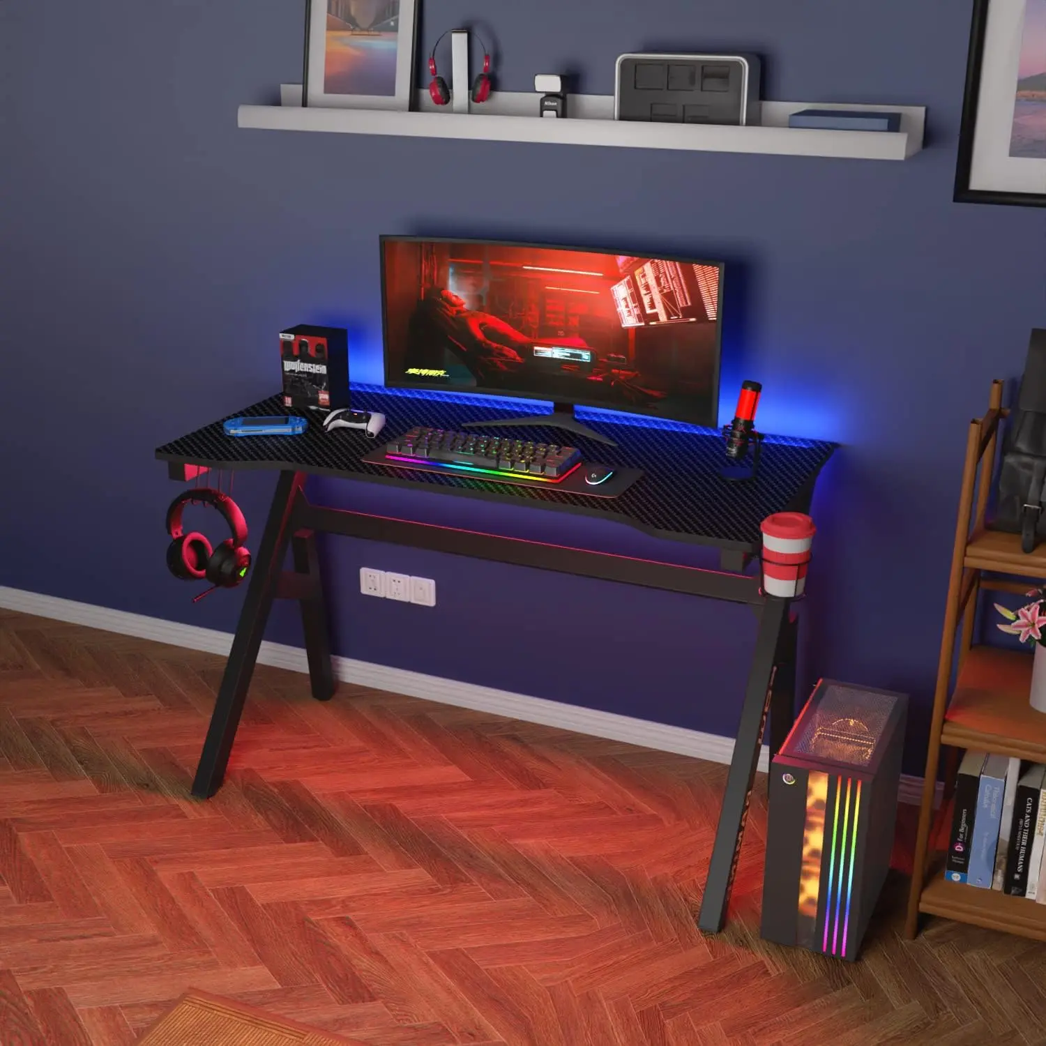 Gaming Desk Computer Desk 47 Inch Home Office Desk Extra Large Modern Ergonomic Black PC Carbon Fiber Table Gamer Workstation