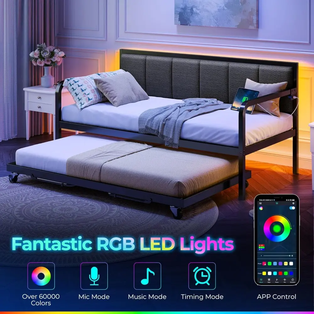 Rolanstar Daybed with USB Charging Station and LED, Height Adjustable Twin Daybed with Trundle, Grey Upholstered Bed Frame with
