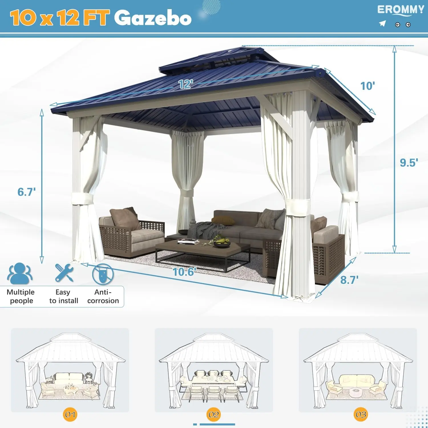 10'x12' Gazebo Hardtop, Galvanized Steel Double Roof Metal Gazebo with Aluminum Frame, Permanent Outdoor Pavilion
