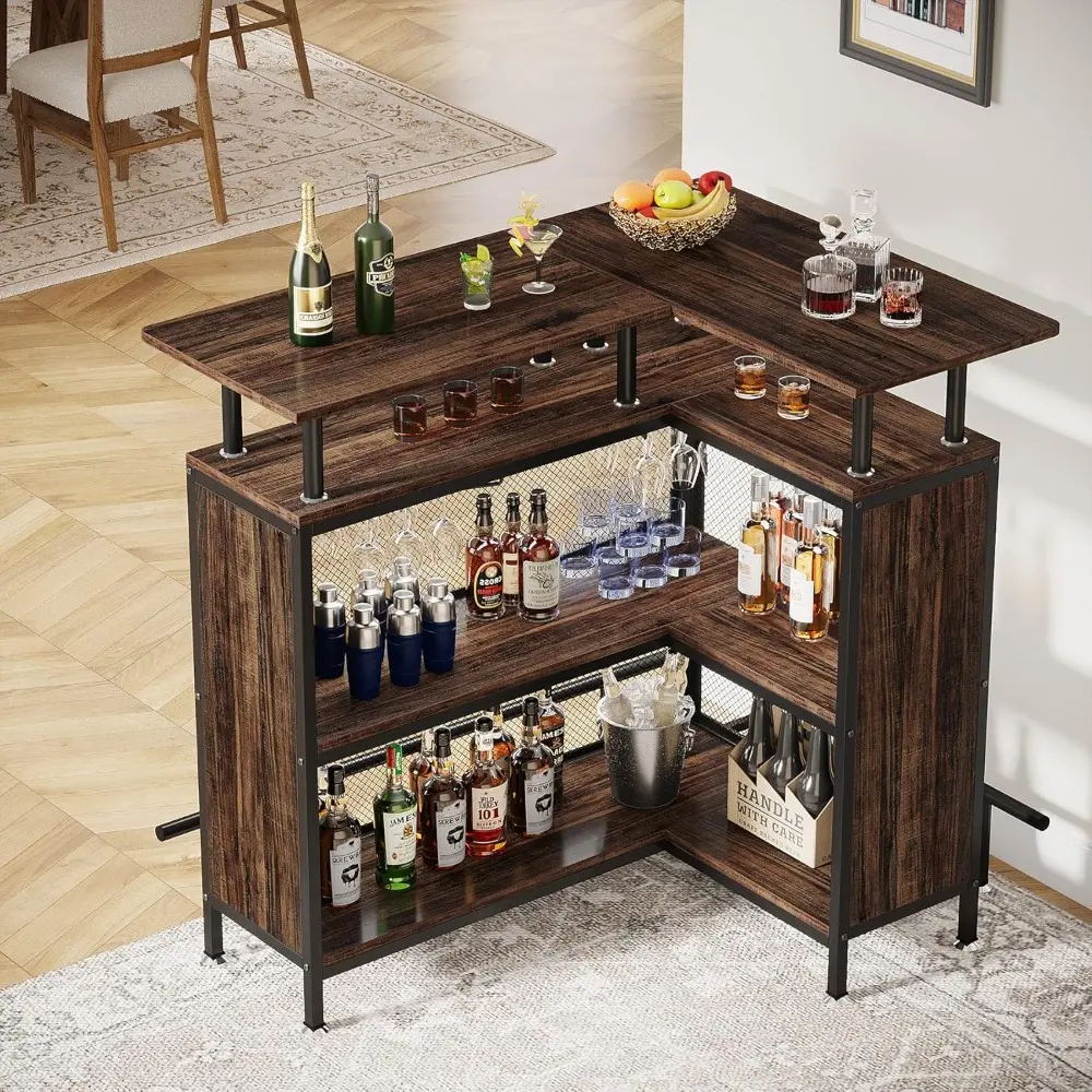 Home Bar Unit, L-Shaped Bar Table with Stemware Racks and 2-Tier Shelves, Corner Mini Coffee Liquor Cabinet with Footrest for H