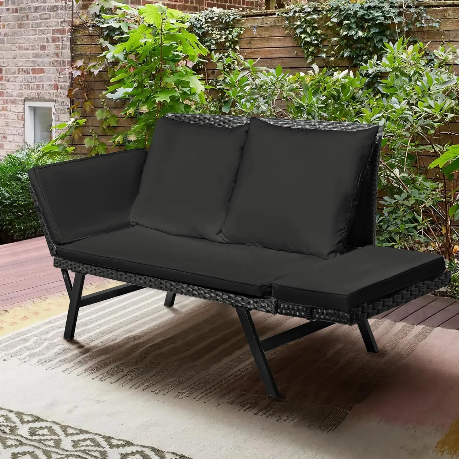 Outdoor Sofa, Woven Rattan Patio Furniture, Convertible Daybed or Double Chair with Adjustable Armrests