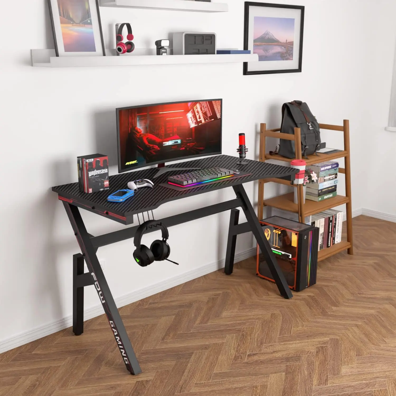 Gaming Desk Computer Desk 47 Inch Home Office Desk Extra Large Modern Ergonomic Black PC Carbon Fiber Table Gamer Workstation