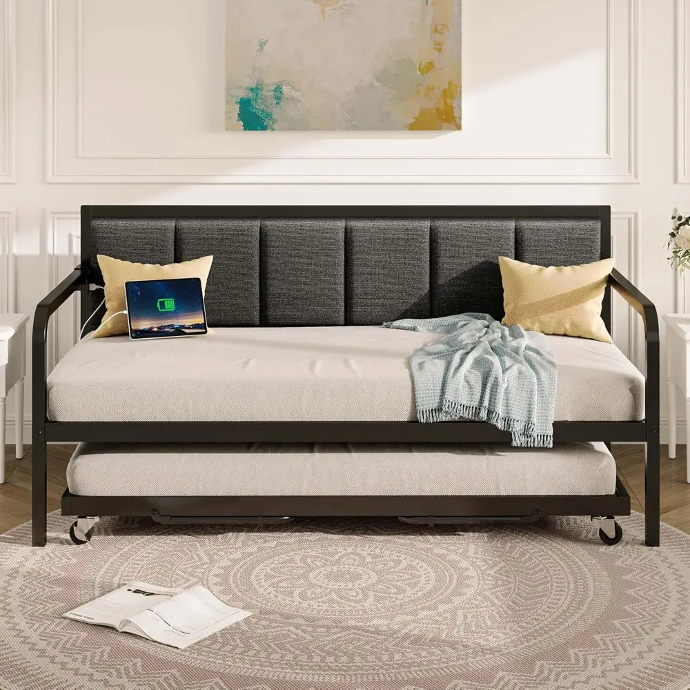 Rolanstar Daybed with USB Charging Station and LED, Height Adjustable Twin Daybed with Trundle, Grey Upholstered Bed Frame with