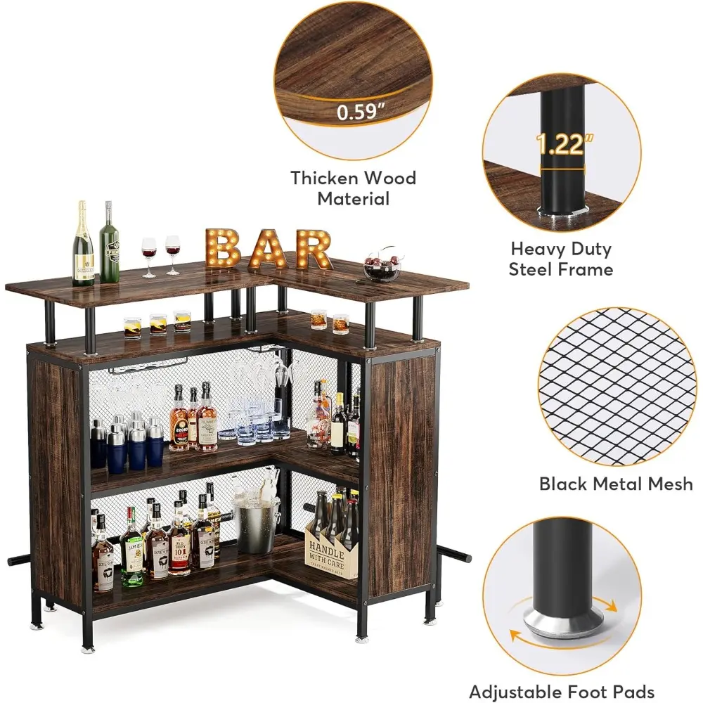 Home Bar Unit, L-Shaped Bar Table with Stemware Racks and 2-Tier Shelves, Corner Mini Coffee Liquor Cabinet with Footrest for H