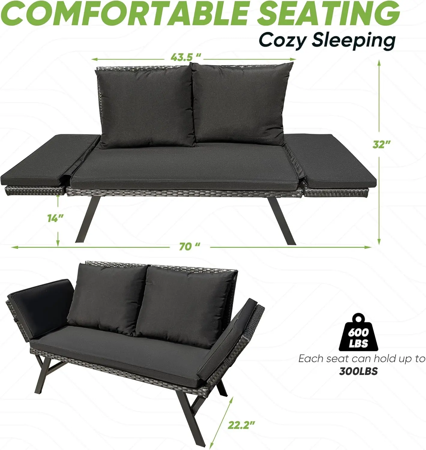 Outdoor Sofa, Woven Rattan Patio Furniture, Convertible Daybed or Double Chair with Adjustable Armrests
