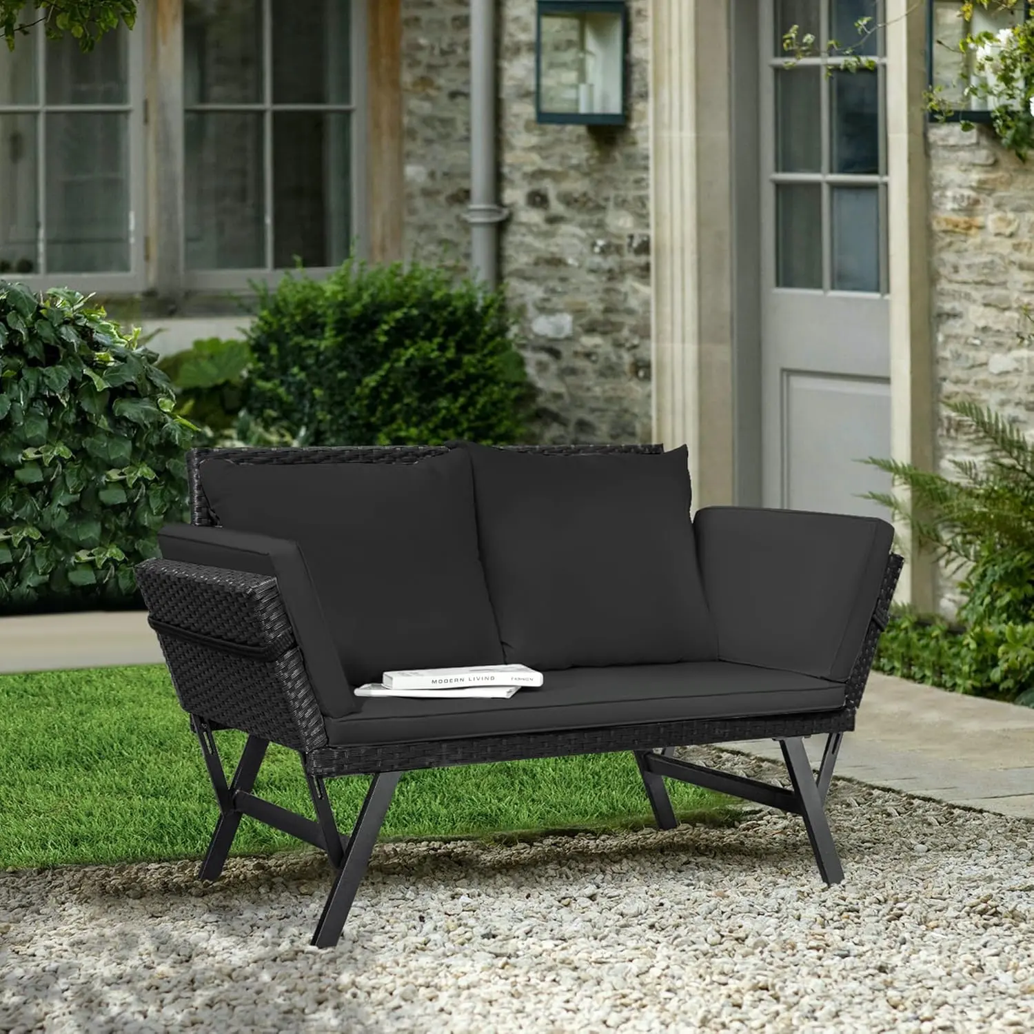 Outdoor Sofa, Woven Rattan Patio Furniture, Convertible Daybed or Double Chair with Adjustable Armrests