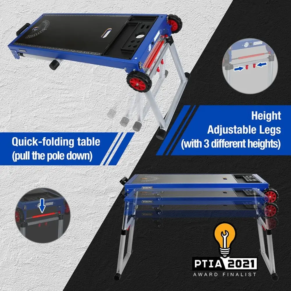 Miter Saw Stand, 5-in-1 Portable Workbench, Quick Folding Work Table with Detachable Miter Saw Stand & Height Adjustable Legs,