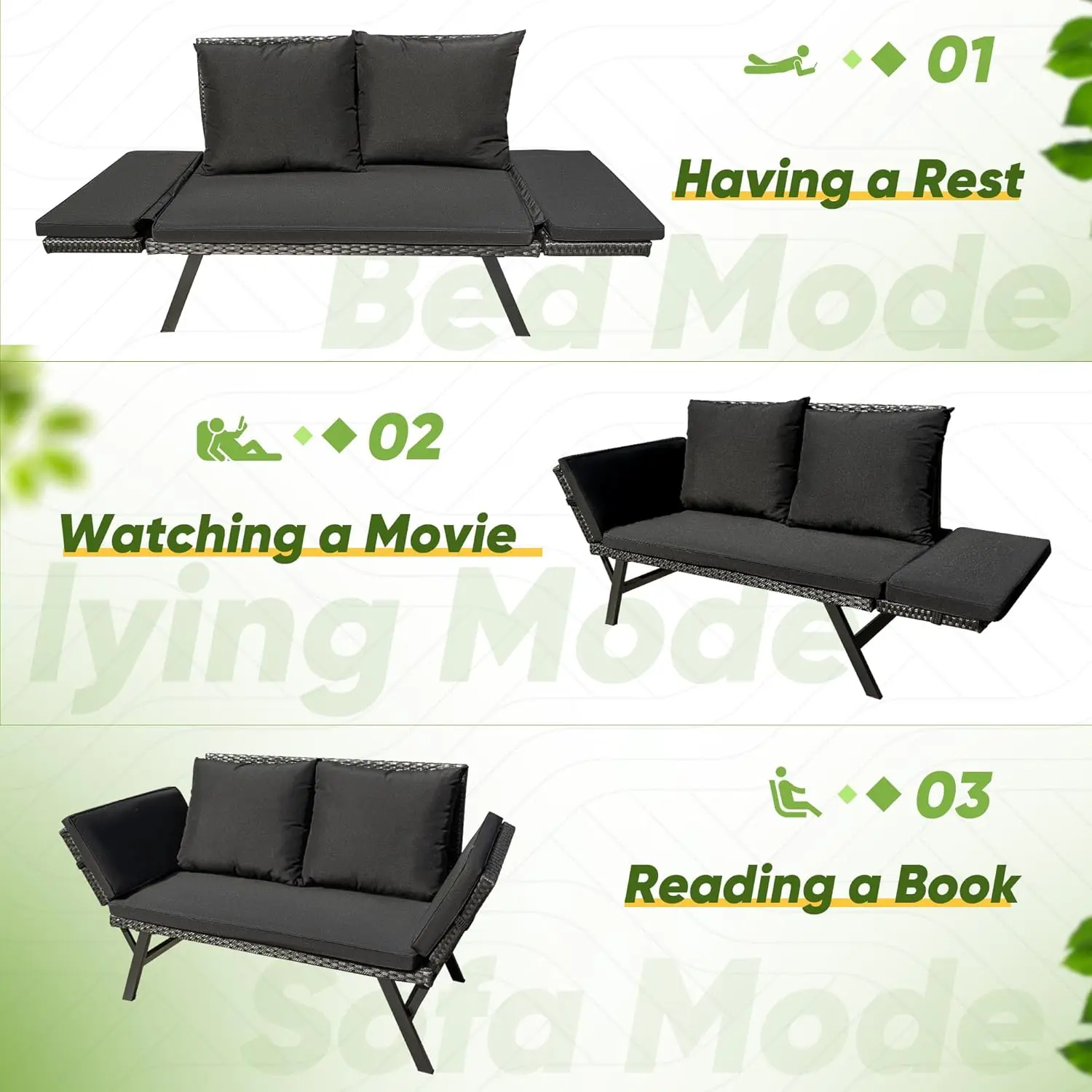 Outdoor Sofa, Woven Rattan Patio Furniture, Convertible Daybed or Double Chair with Adjustable Armrests