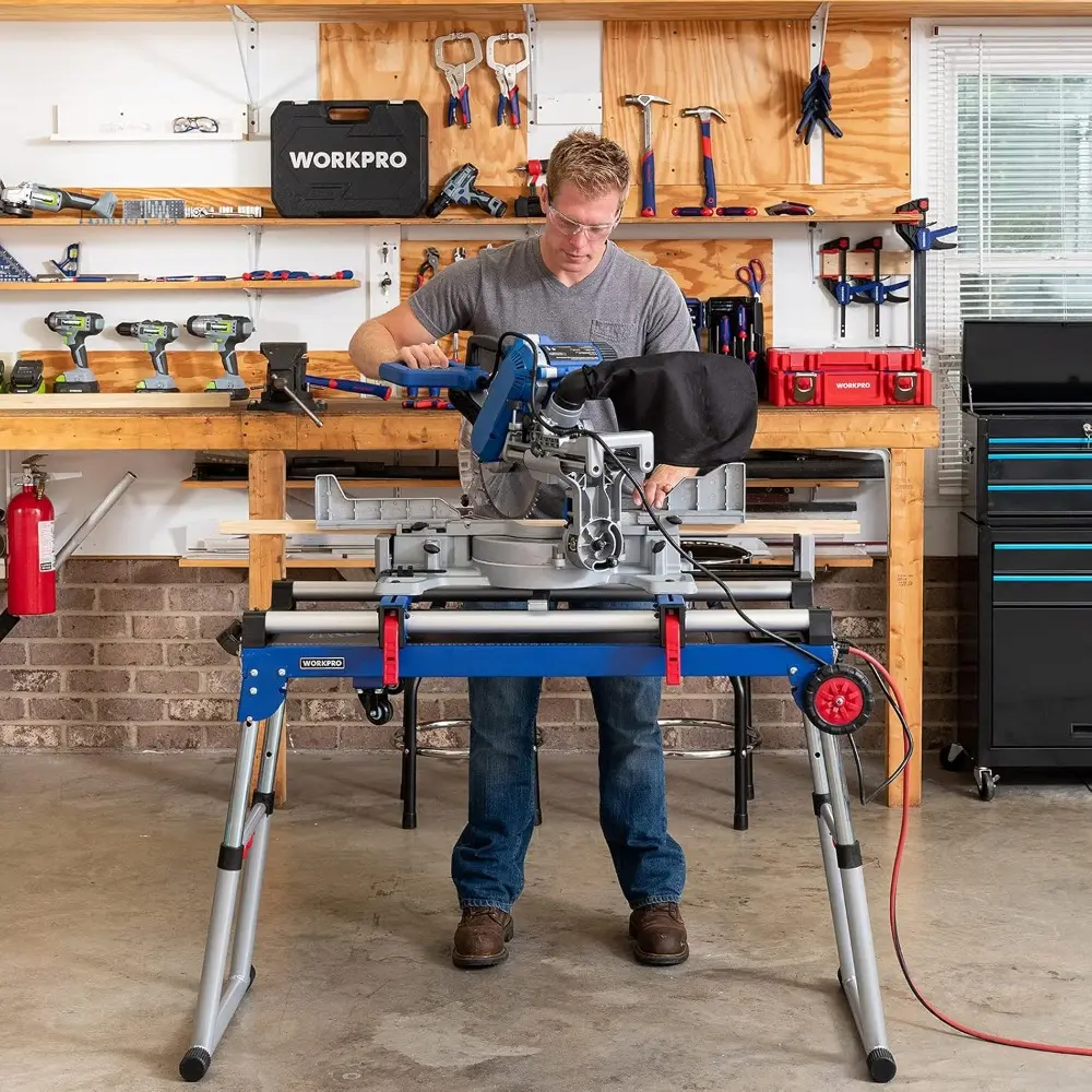 Miter Saw Stand, 5-in-1 Portable Workbench, Quick Folding Work Table with Detachable Miter Saw Stand & Height Adjustable Legs,