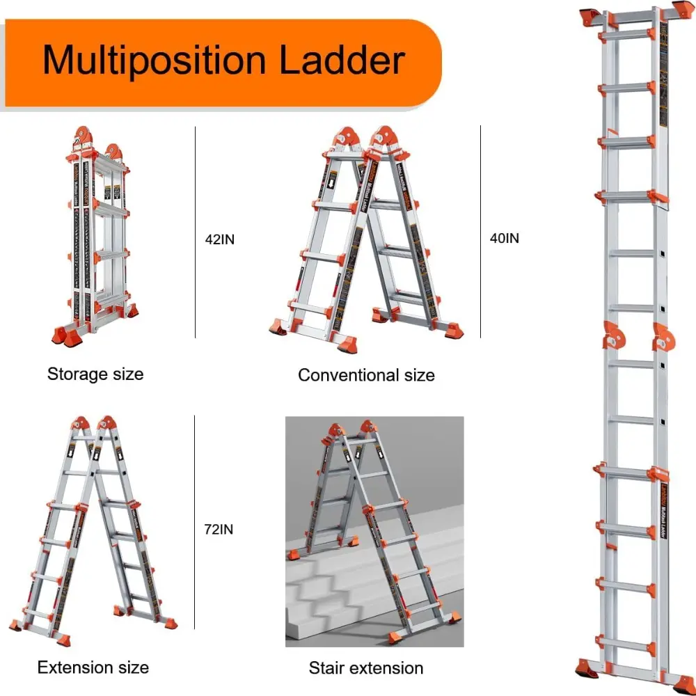 Ladder, A Frame 4 Step Ladder Extension, 14 FT Anti-Slip Multi Position & Storage Folding Ladder, 330 lbs Security Load Telescop