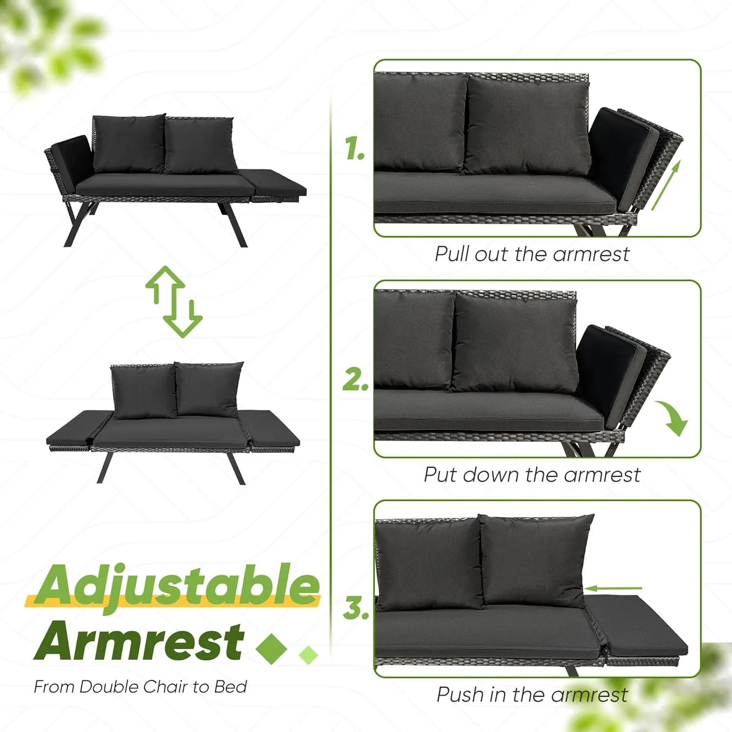 Outdoor Sofa, Woven Rattan Patio Furniture, Convertible Daybed or Double Chair with Adjustable Armrests