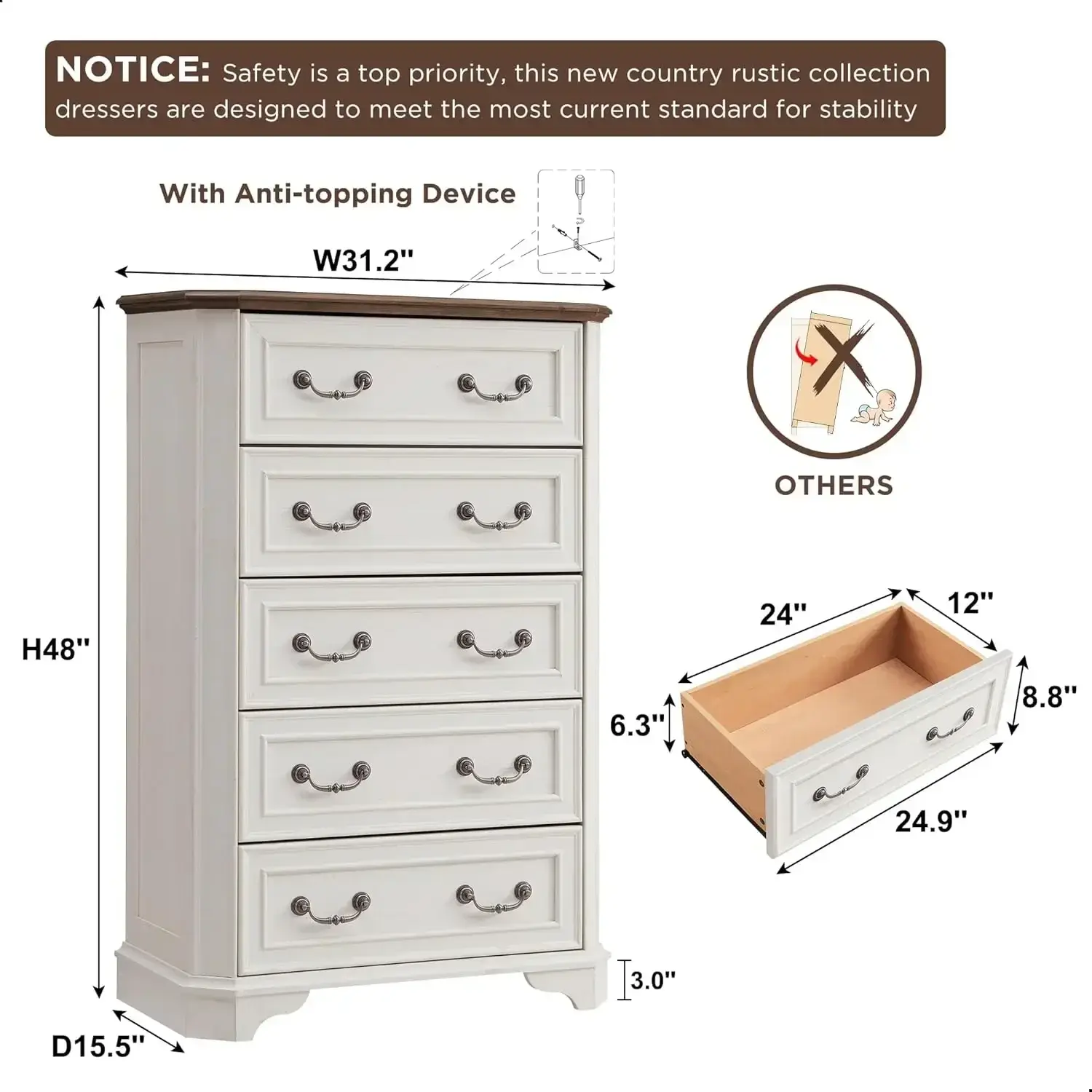 Farmhouse 5 Drawers Dresser for Bedroom, 48" Tall Wood Rustic Chest of Drawers with Natural Texture, Vintage Design, Storage