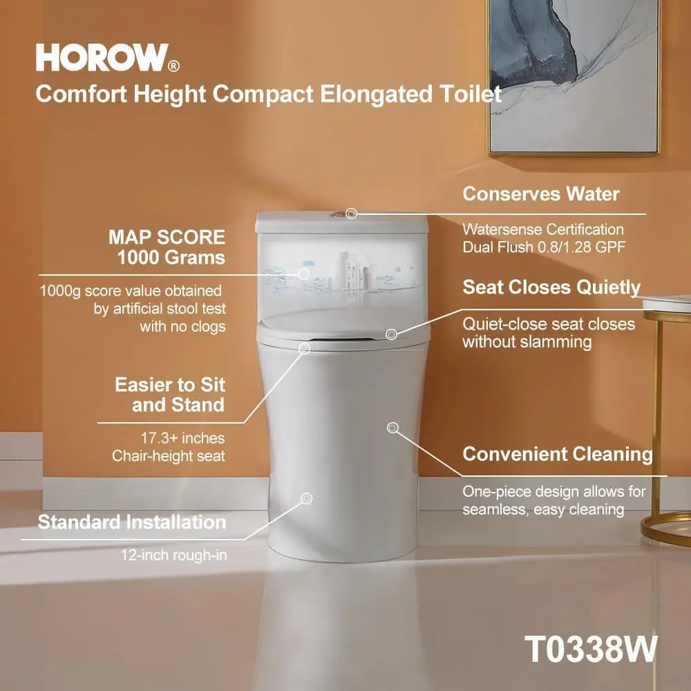 T0338W Compact One Piece Toilet with Comfort Chair Seat ADA Height 17.3", Elongated Dual Flush 0.8/1.28 GPF and MAP 1000g, Stan