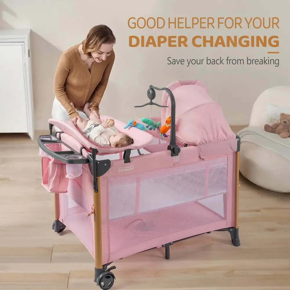 7 in 1 Bedside Bassinet with Changing Table, Baby Girl Bassinet, Pink Bedside Sleeper with Mattress, Sheet, Canopy, Storage She