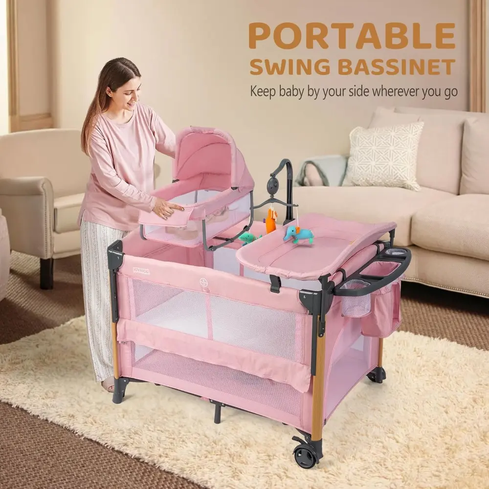7 in 1 Bedside Bassinet with Changing Table, Baby Girl Bassinet, Pink Bedside Sleeper with Mattress, Sheet, Canopy, Storage She
