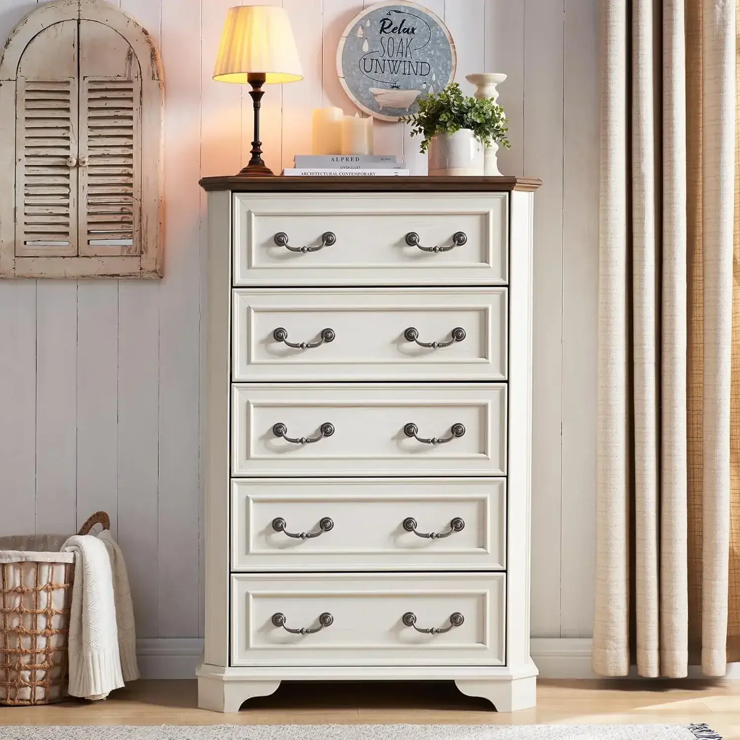 Farmhouse 5 Drawers Dresser for Bedroom, 48" Tall Wood Rustic Chest of Drawers with Natural Texture, Vintage Design, Storage