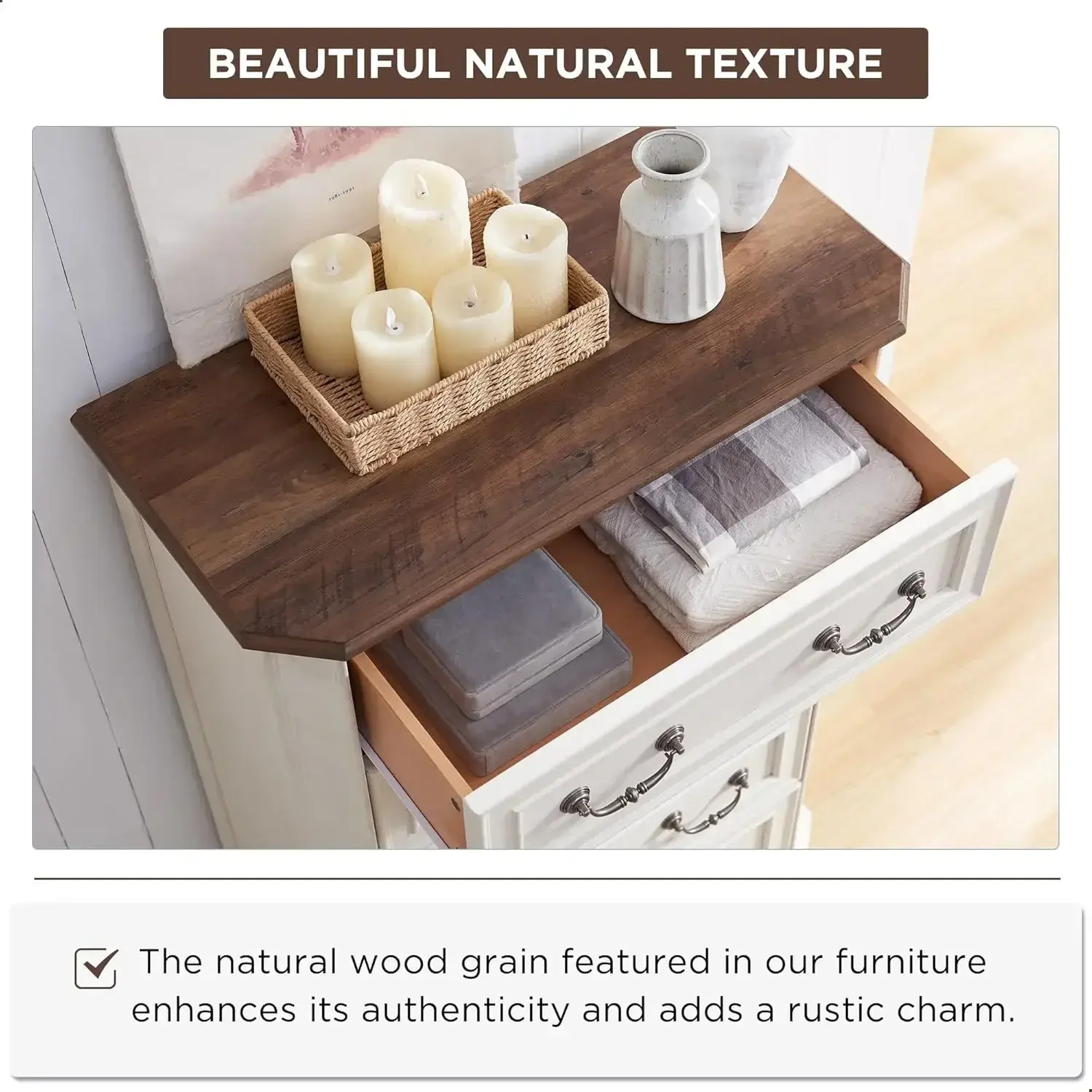 Farmhouse 5 Drawers Dresser for Bedroom, 48" Tall Wood Rustic Chest of Drawers with Natural Texture, Vintage Design, Storage