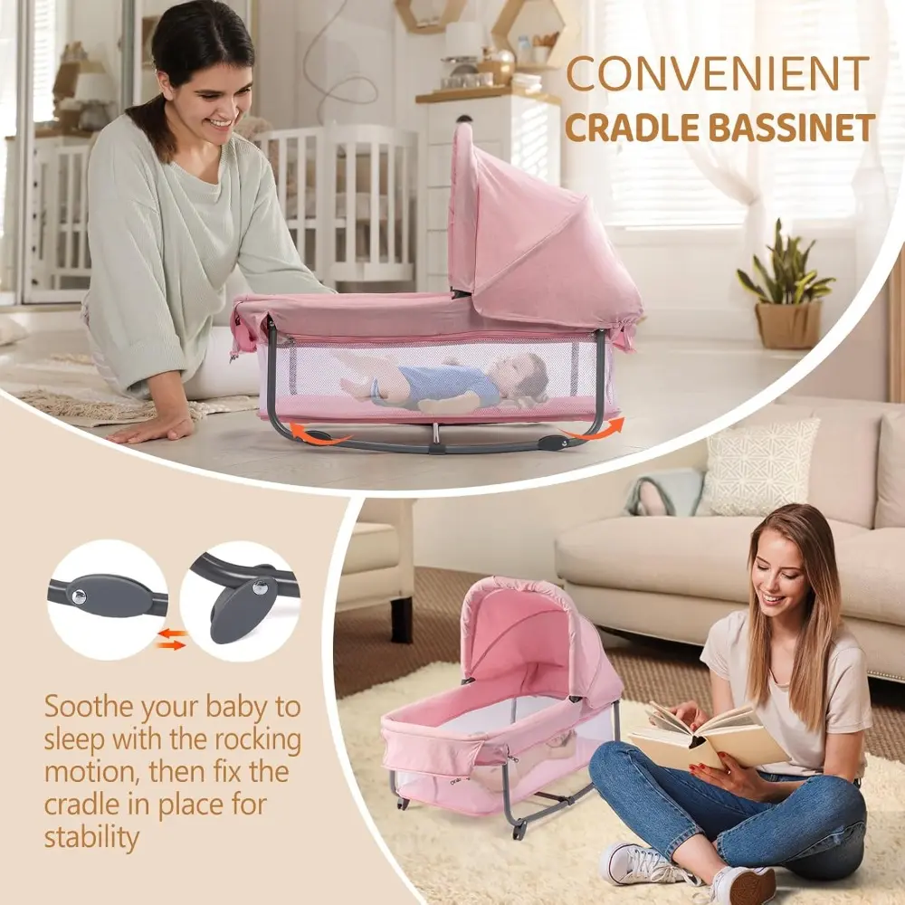 7 in 1 Bedside Bassinet with Changing Table, Baby Girl Bassinet, Pink Bedside Sleeper with Mattress, Sheet, Canopy, Storage She
