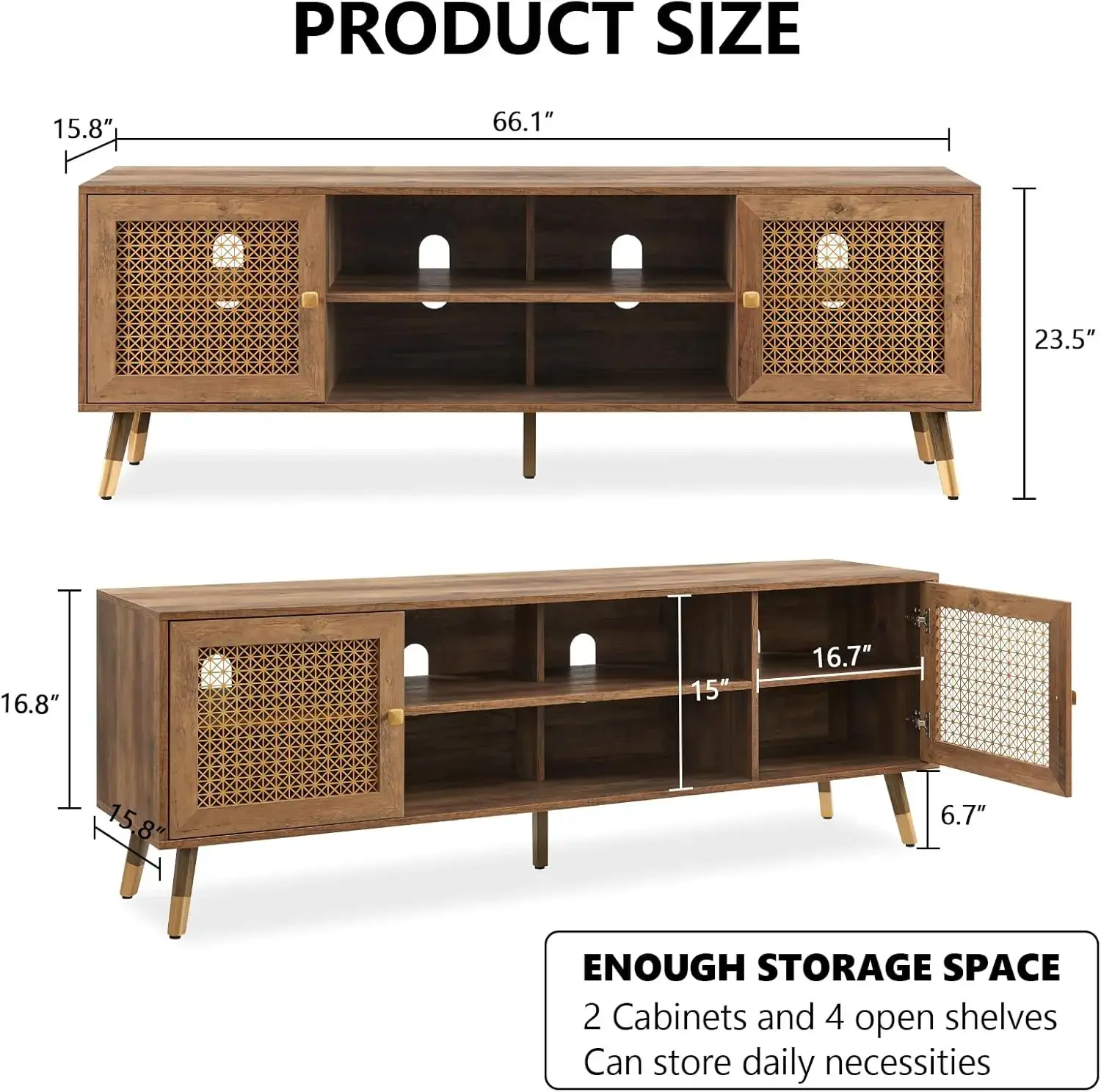 Mid Century Modern TV Stand and Console for TVs Up to 75 inch - Rustic Oak Entertainment Center, 2 Gold Metal Mesh Doors