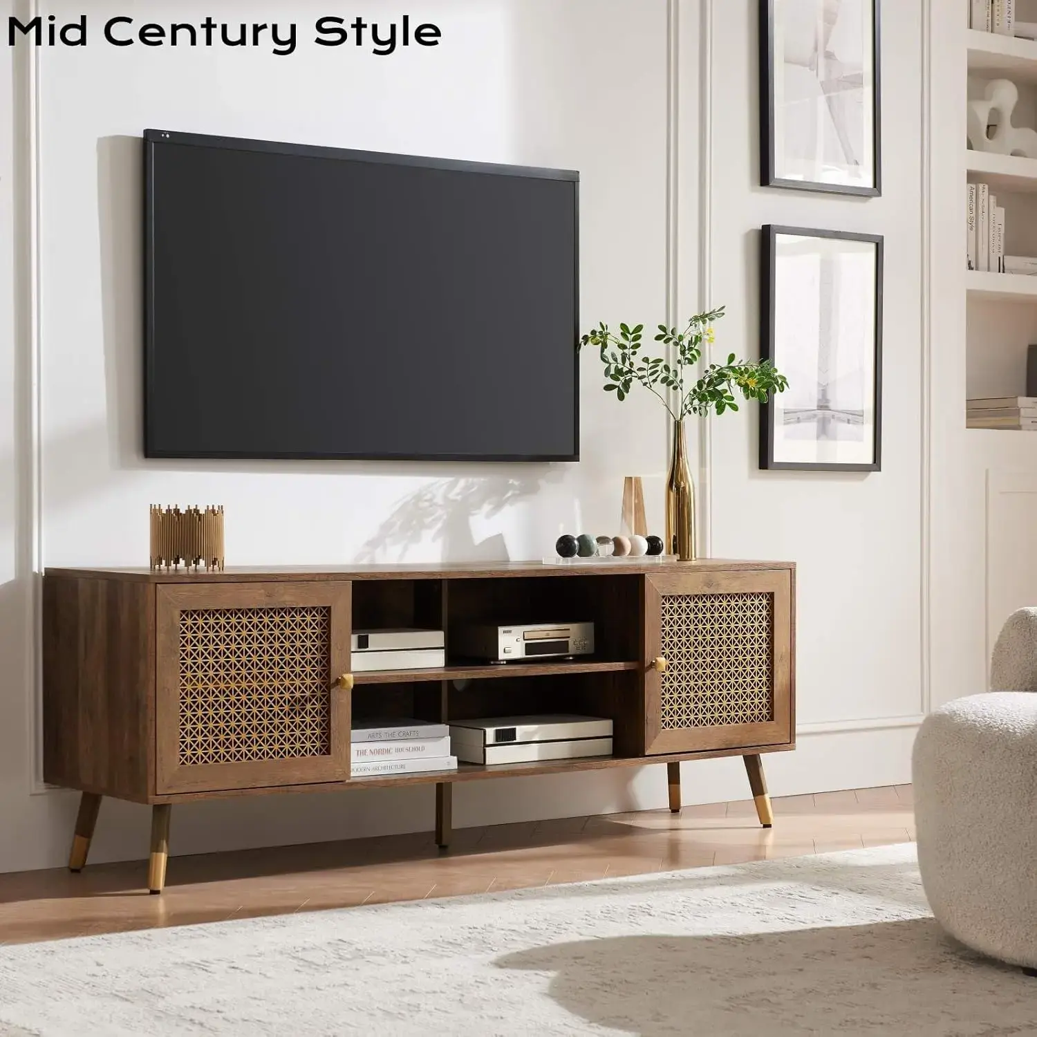 Mid Century Modern TV Stand and Console for TVs Up to 75 inch - Rustic Oak Entertainment Center, 2 Gold Metal Mesh Doors