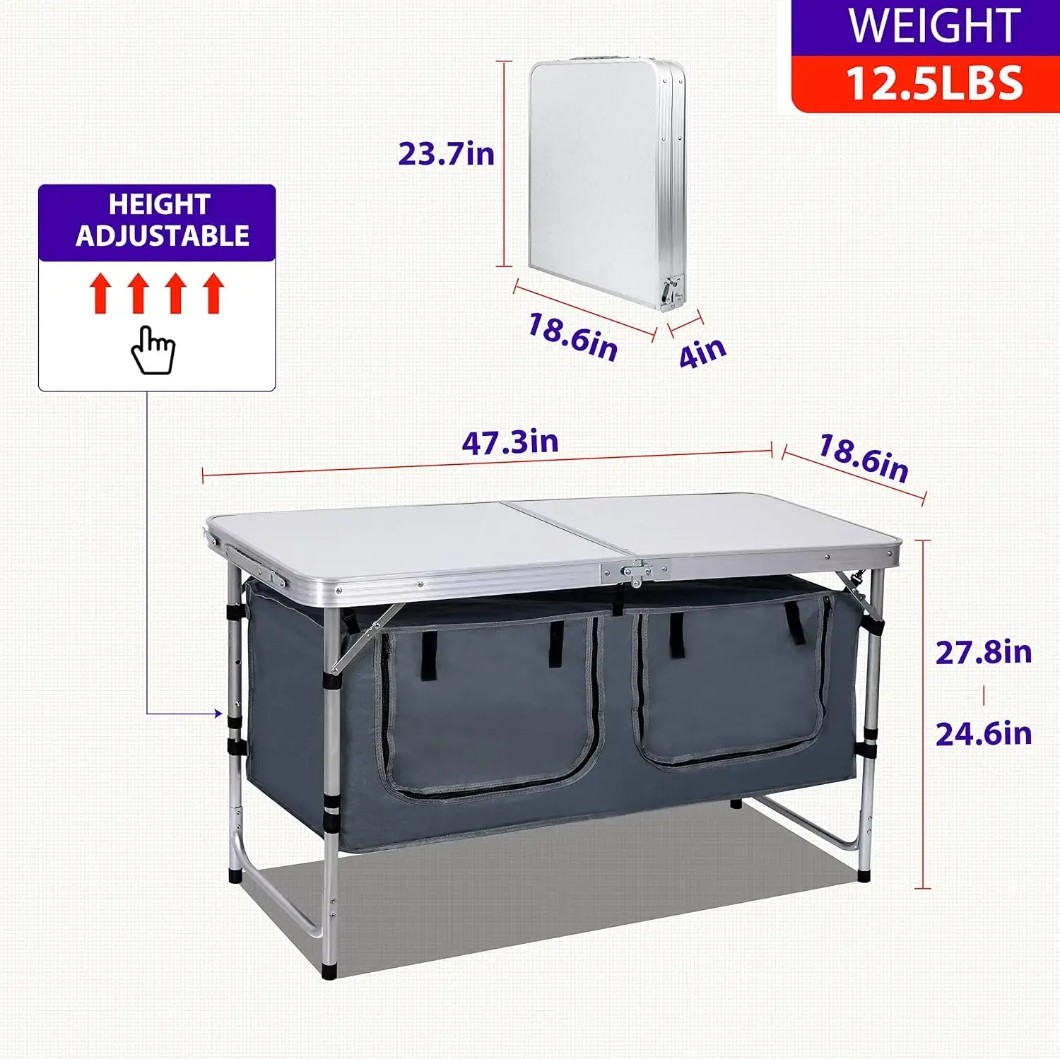Camping Table, Folding Table Height Adjustable, Camp Table, Storage Kitchen Table, Lightweight Aluminum, with Carry Handle for