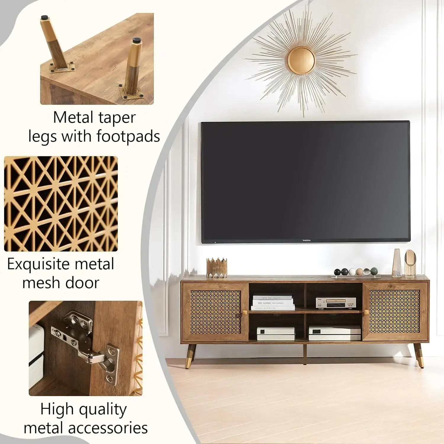 Mid Century Modern TV Stand and Console for TVs Up to 75 inch - Rustic Oak Entertainment Center, 2 Gold Metal Mesh Doors
