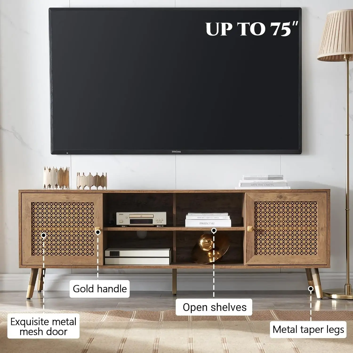Mid Century Modern TV Stand and Console for TVs Up to 75 inch - Rustic Oak Entertainment Center, 2 Gold Metal Mesh Doors