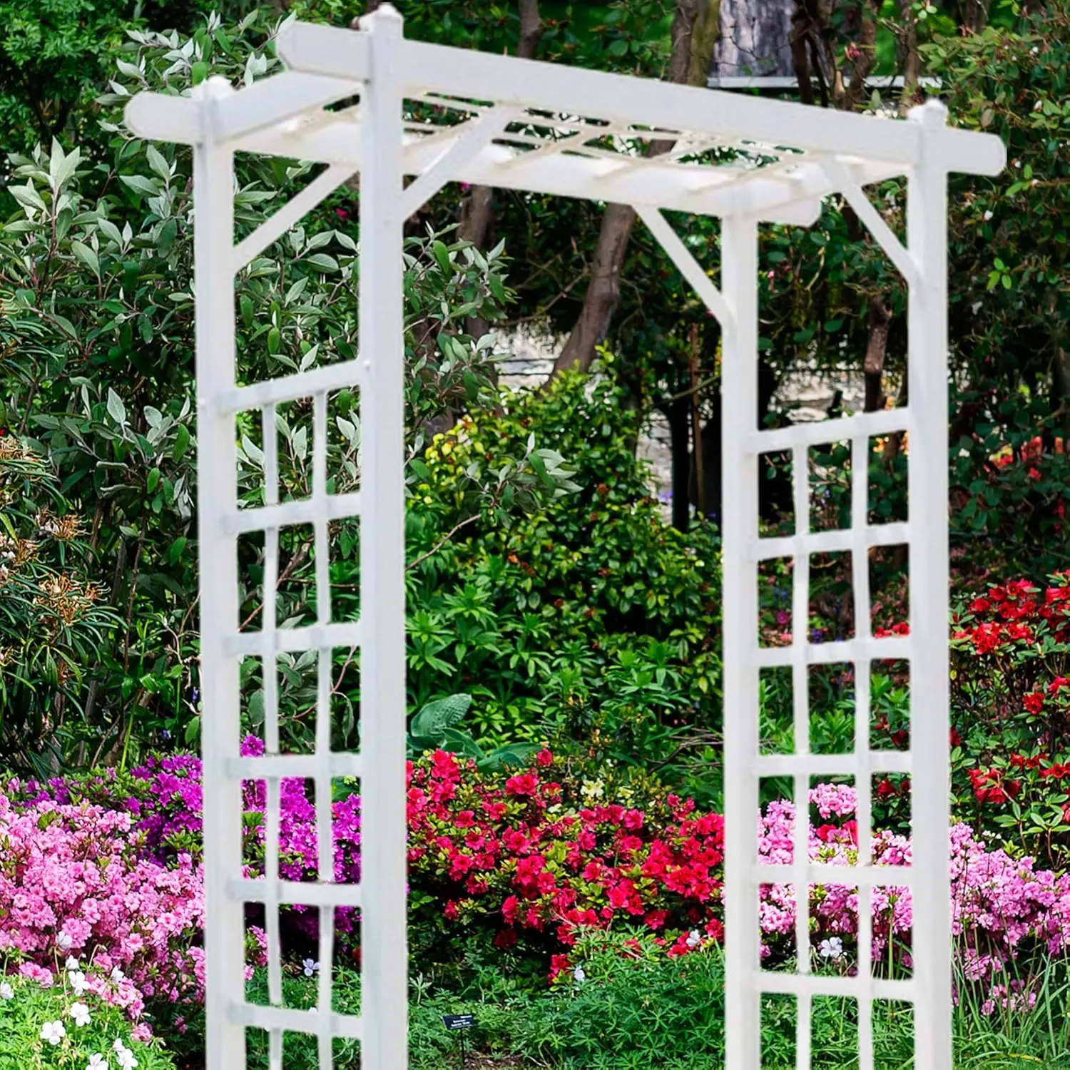 PVC Garden Arbor, Arch Support for Climbing Plants, Elmwood, White, 57" x 85"