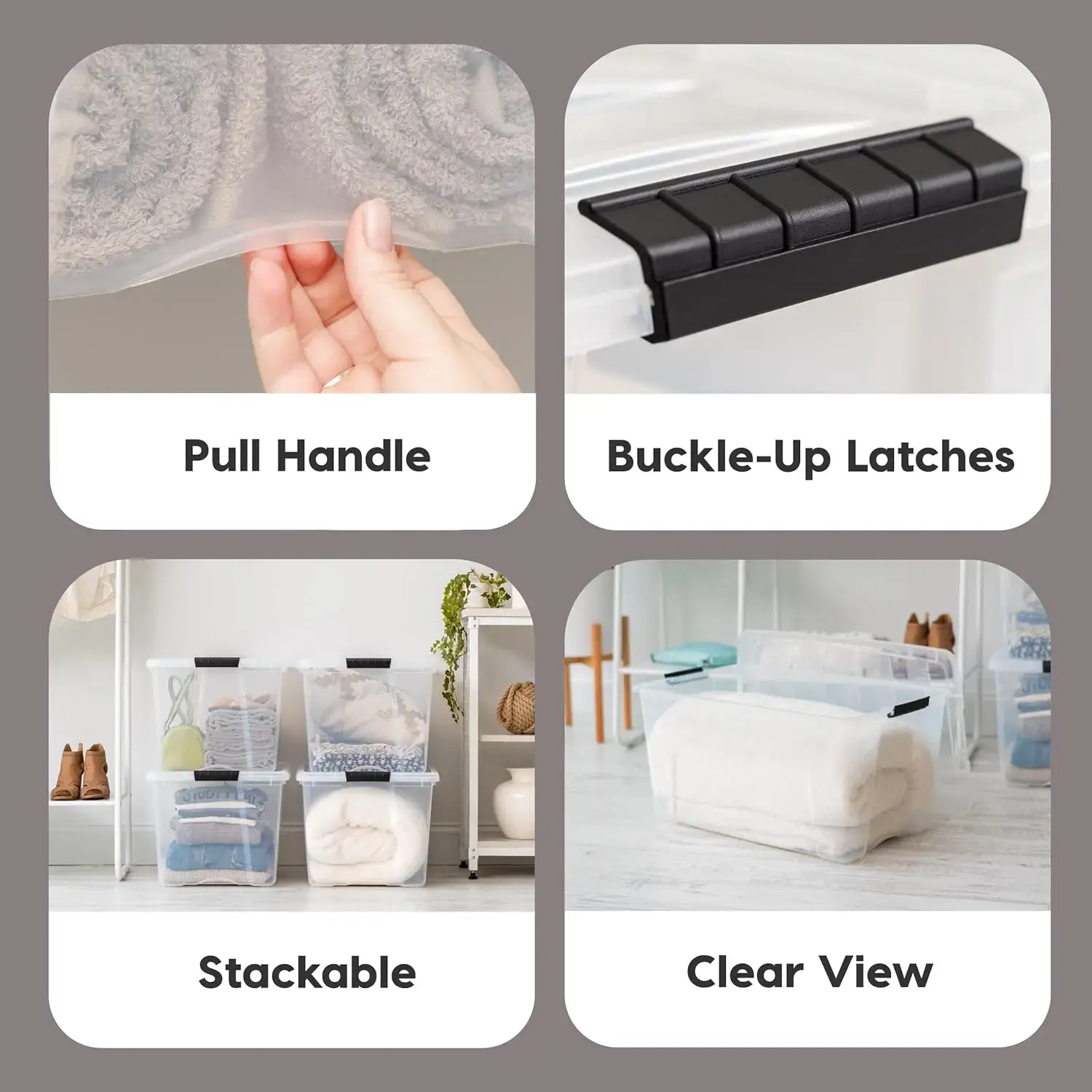 72 Qt Stackable Plastic Storage Bins with Lids, 4 Pack，Latches, Durable Nestable Containers, Secure Pull Handle - Clear
