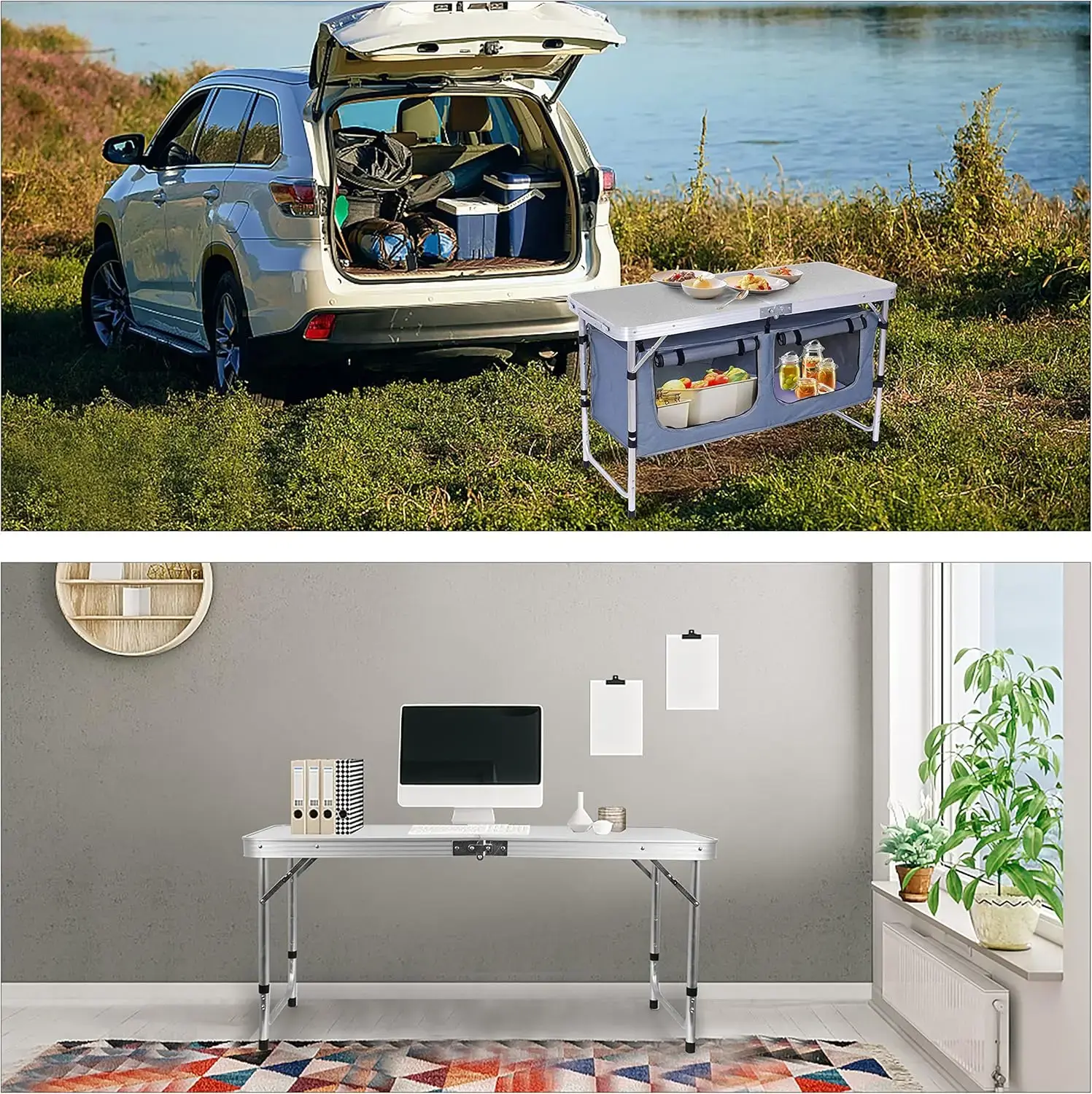 Camping Table, Folding Table Height Adjustable, Camp Table, Storage Kitchen Table, Lightweight Aluminum, with Carry Handle for