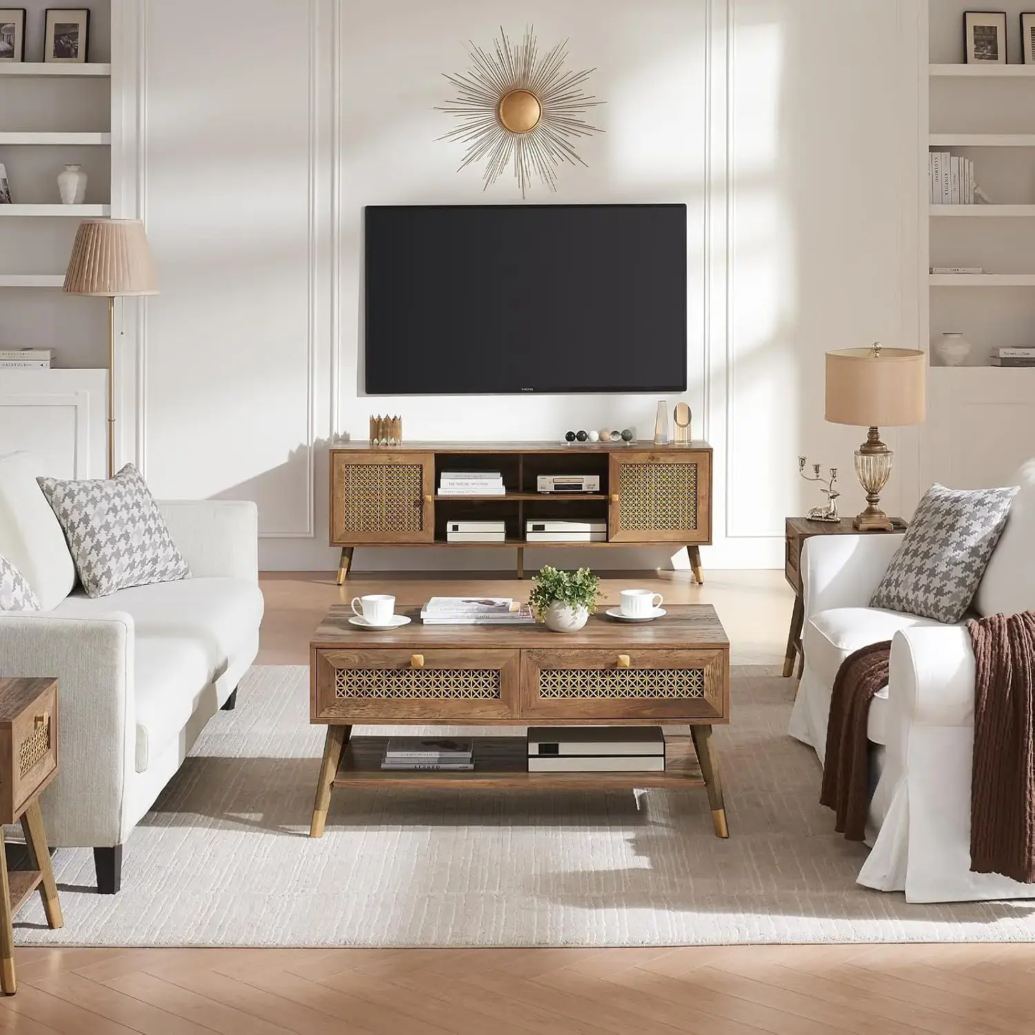 Mid Century Modern TV Stand and Console for TVs Up to 75 inch - Rustic Oak Entertainment Center, 2 Gold Metal Mesh Doors