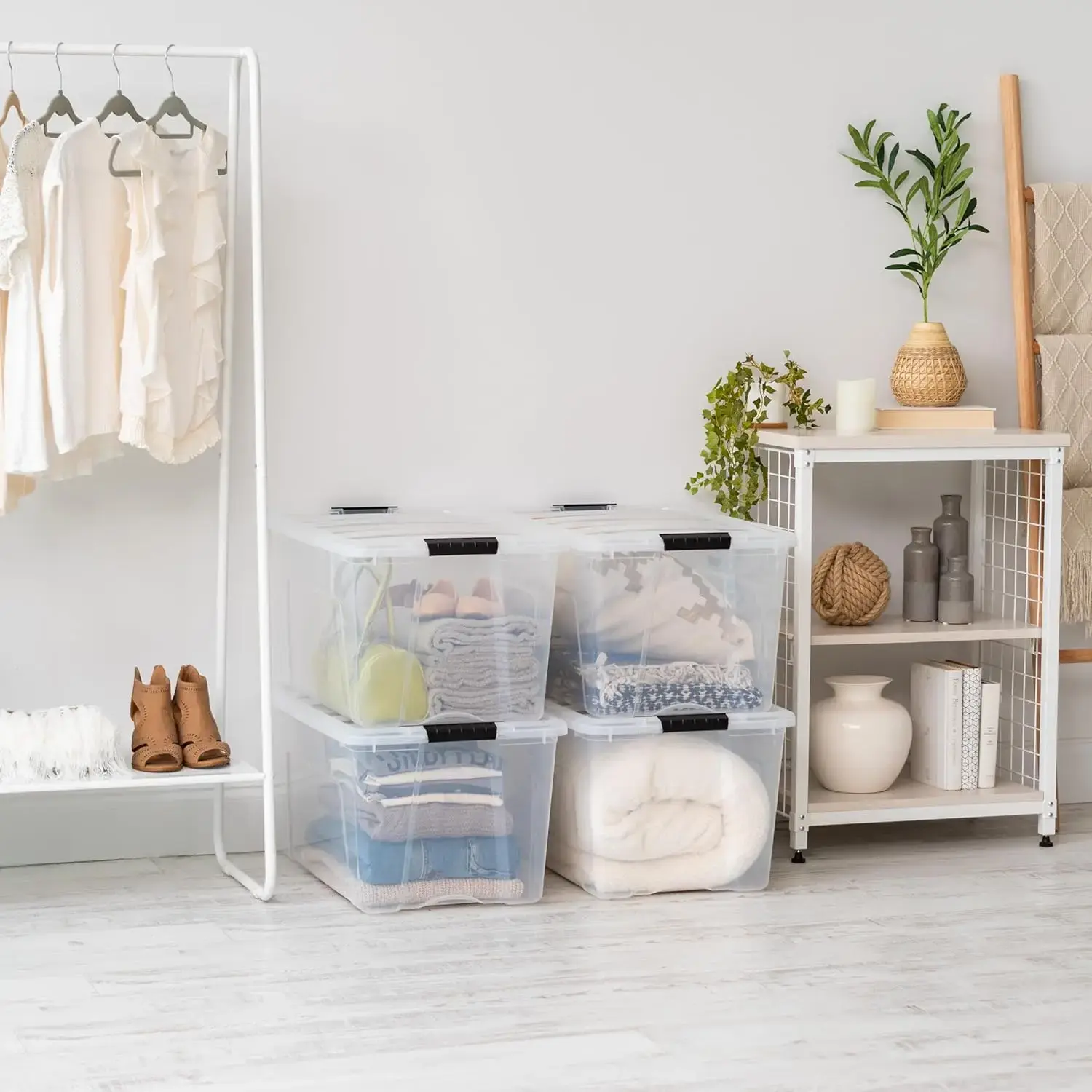 72 Qt Stackable Plastic Storage Bins with Lids, 4 Pack，Latches, Durable Nestable Containers, Secure Pull Handle - Clear