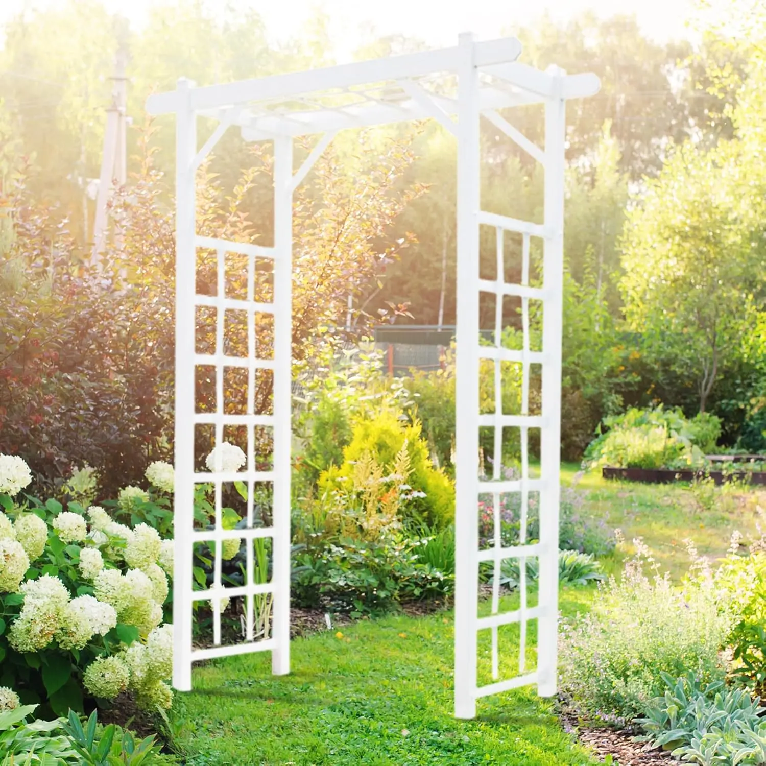 PVC Garden Arbor, Arch Support for Climbing Plants, Elmwood, White, 57" x 85"