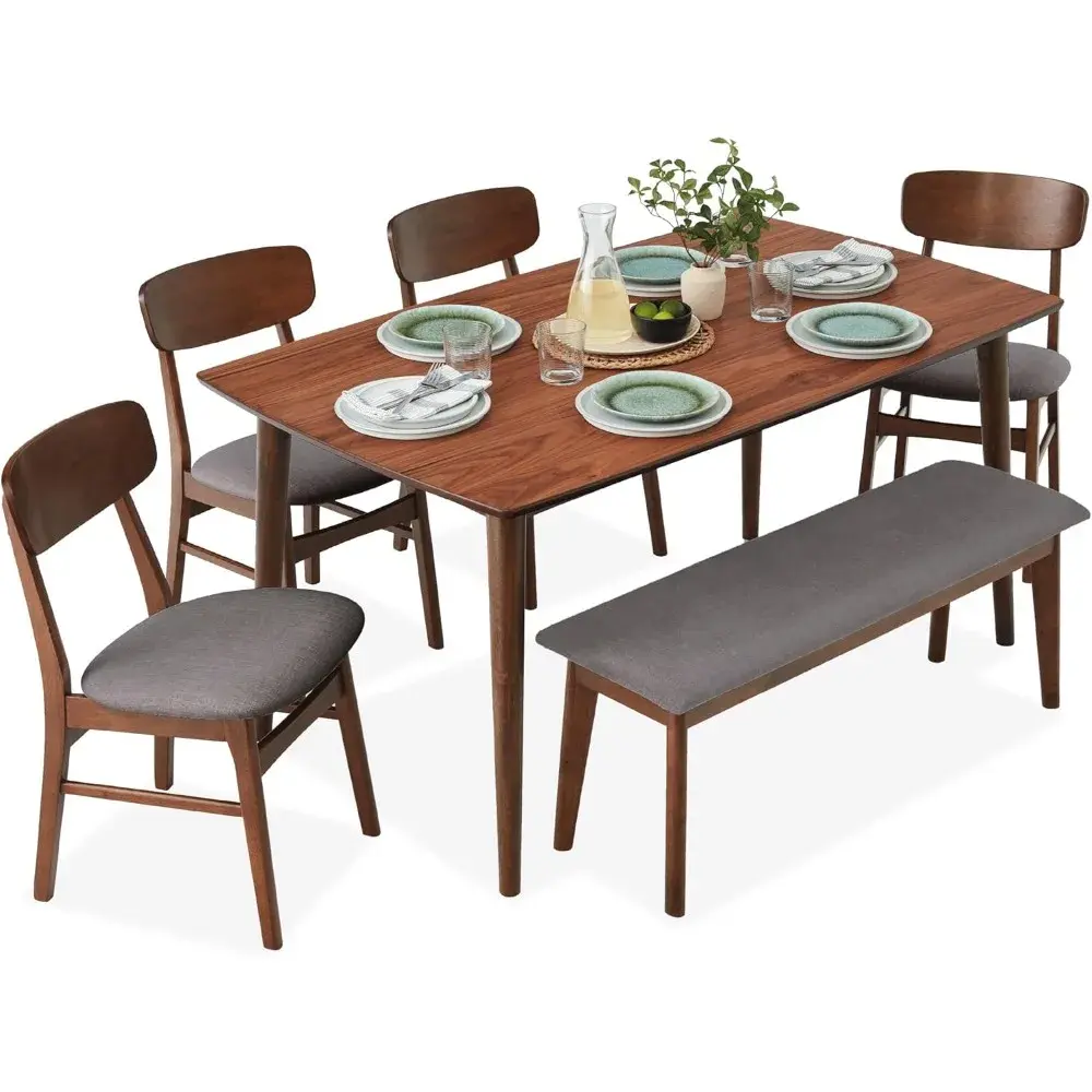 6-Piece Wooden Dining Set, Mid-Century Modern Table & Upholstered Chair Set w/Bench Seat, Rubberwood Legs - Walnut/Gray
