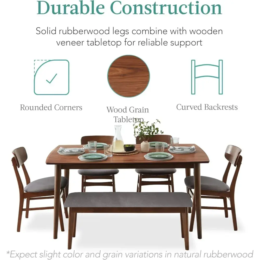 6-Piece Wooden Dining Set, Mid-Century Modern Table & Upholstered Chair Set w/Bench Seat, Rubberwood Legs - Walnut/Gray