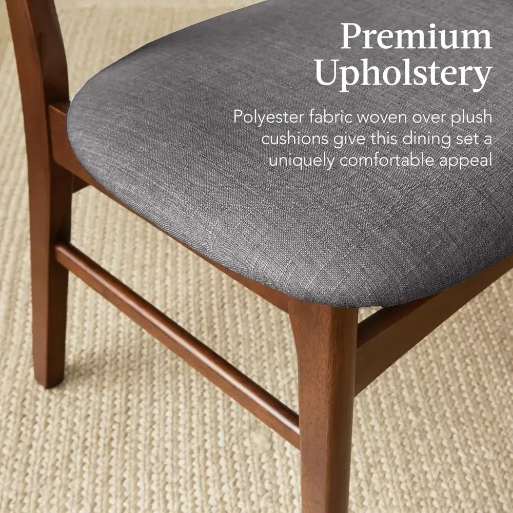 6-Piece Wooden Dining Set, Mid-Century Modern Table & Upholstered Chair Set w/Bench Seat, Rubberwood Legs - Walnut/Gray