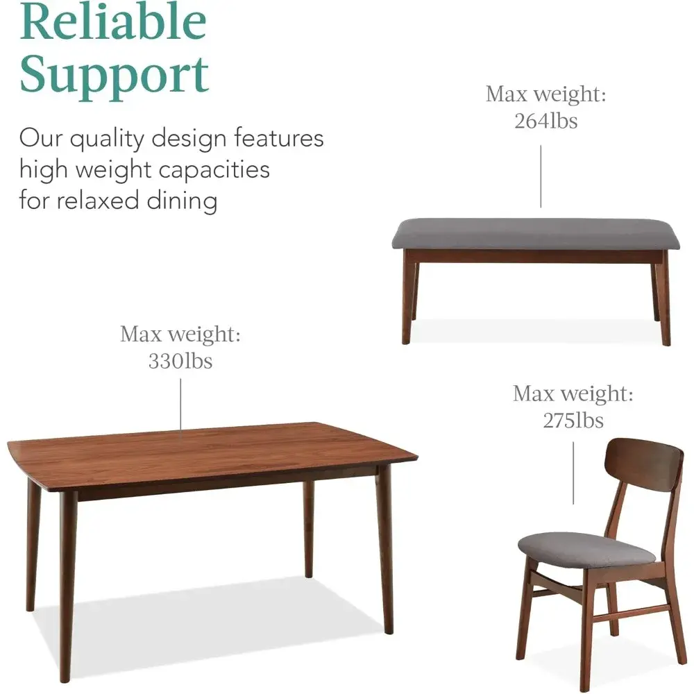 6-Piece Wooden Dining Set, Mid-Century Modern Table & Upholstered Chair Set w/Bench Seat, Rubberwood Legs - Walnut/Gray