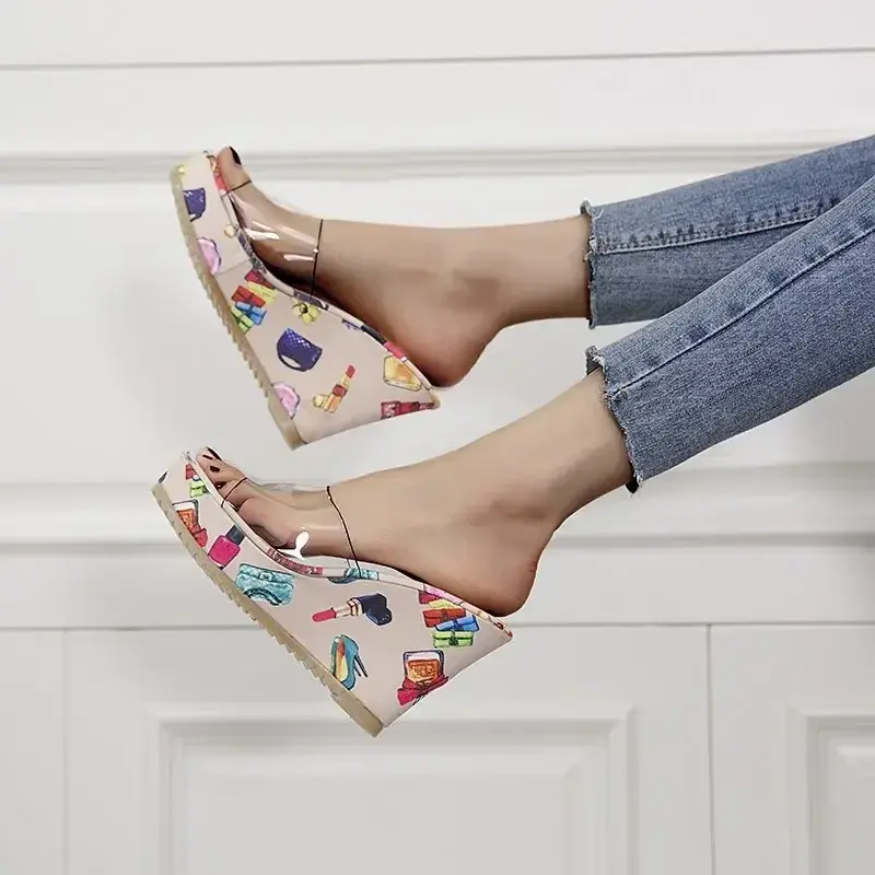 XIHAHA Summer Clear Heels Slippers Woman Sandals Shoes Ladies Transparent PVC Pumps Wedding Comfort Women Party Wedge Heel Shoes