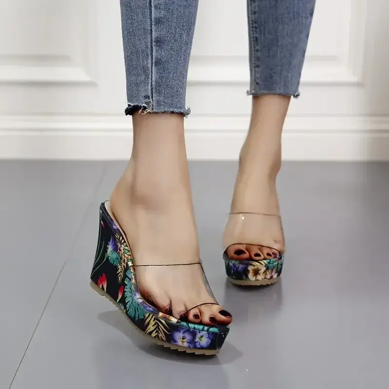 XIHAHA Summer Clear Heels Slippers Woman Sandals Shoes Ladies Transparent PVC Pumps Wedding Comfort Women Party Wedge Heel Shoes