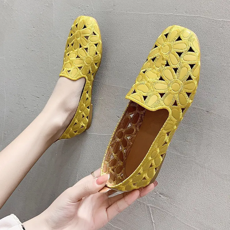 XIHAHA Fashion Cheap Square Toe Loafers Women Soft Leather Flats Ladies Hollow Out Flat Shoes Woman Flats Embroidery Loafers