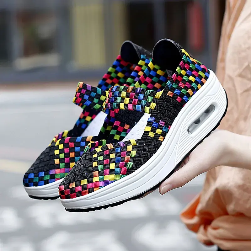 XIHAHA Breathable Casual Women Shoes Loafers Platform Wedges Autumn Woven Slip on Woman Nylon High Heel Pumps Square Dancing