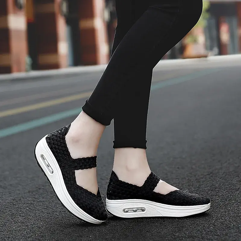XIHAHA Breathable Casual Women Shoes Loafers Platform Wedges Autumn Woven Slip on Woman Nylon High Heel Pumps Square Dancing